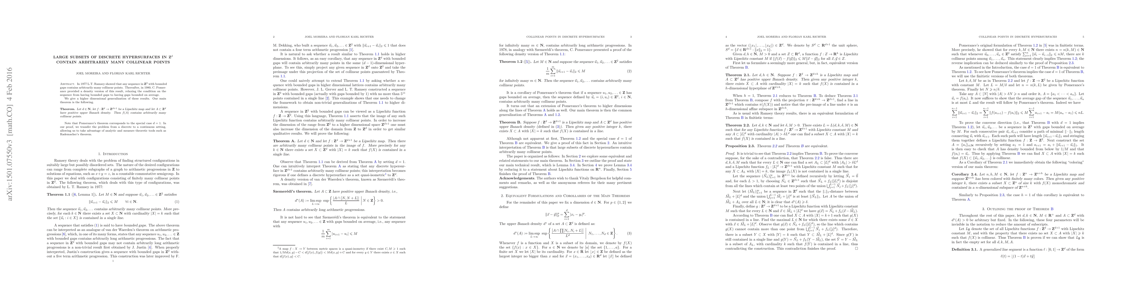 Thumbnail for Large subsets of discrete hypersurfaces in $\mathbb{Z}^d$ contain
  arbitrarily many collinear points