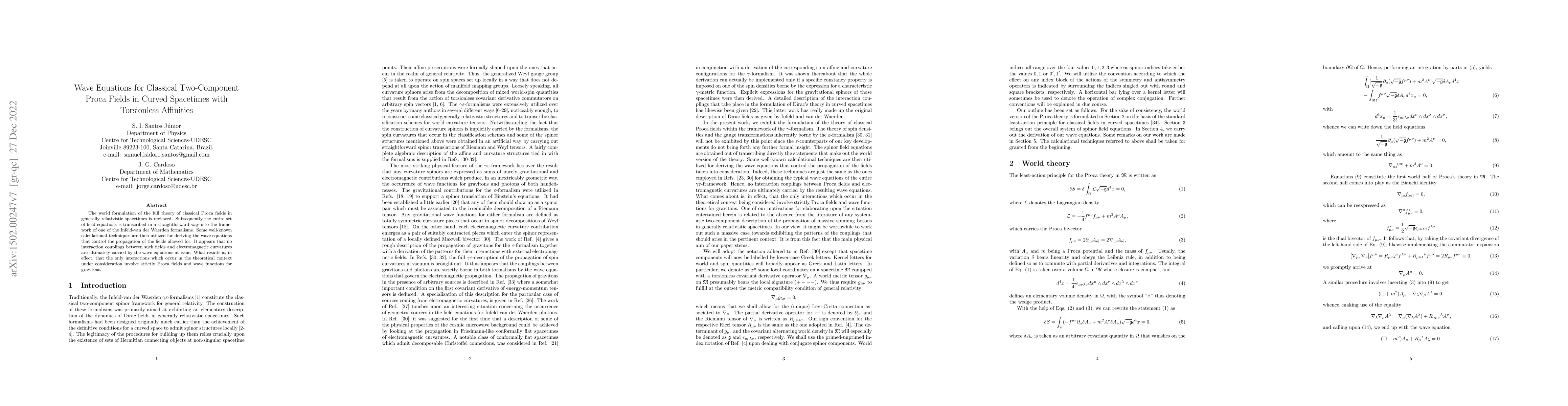 Thumbnail for Wave Equations for Classical Two-Component Proca Fields in Curved
  Spacetimes with Torsionless Affinities