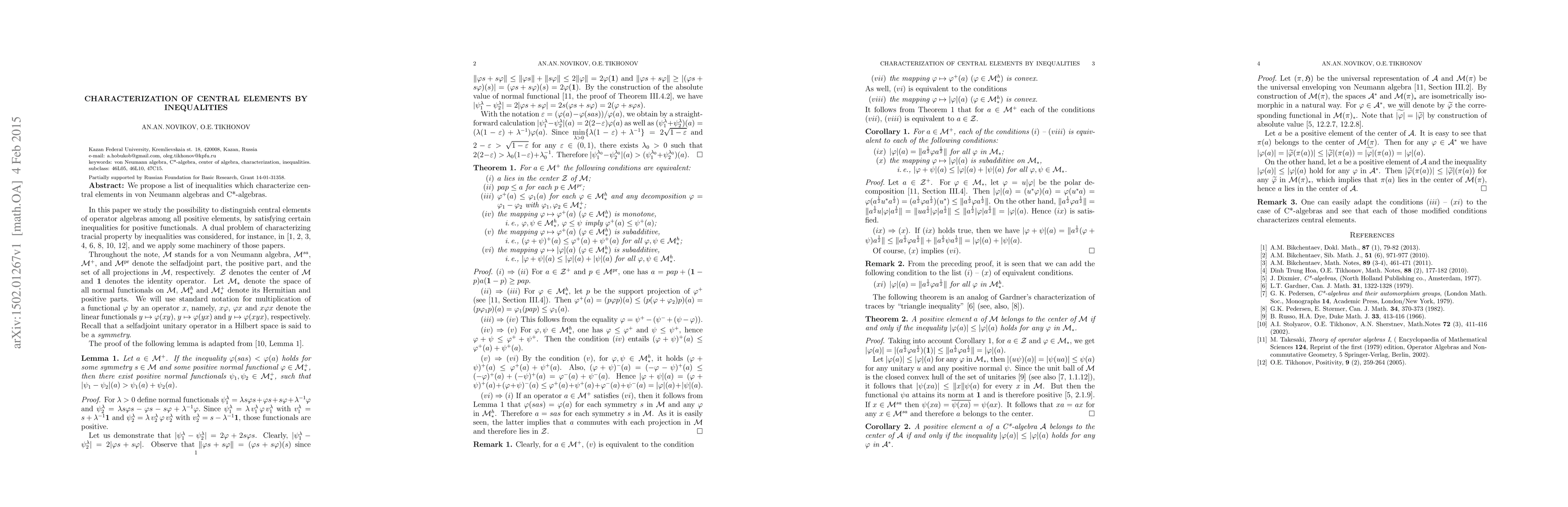 Thumbnail for Characterization of central elements of operator algebras by
  inequalities