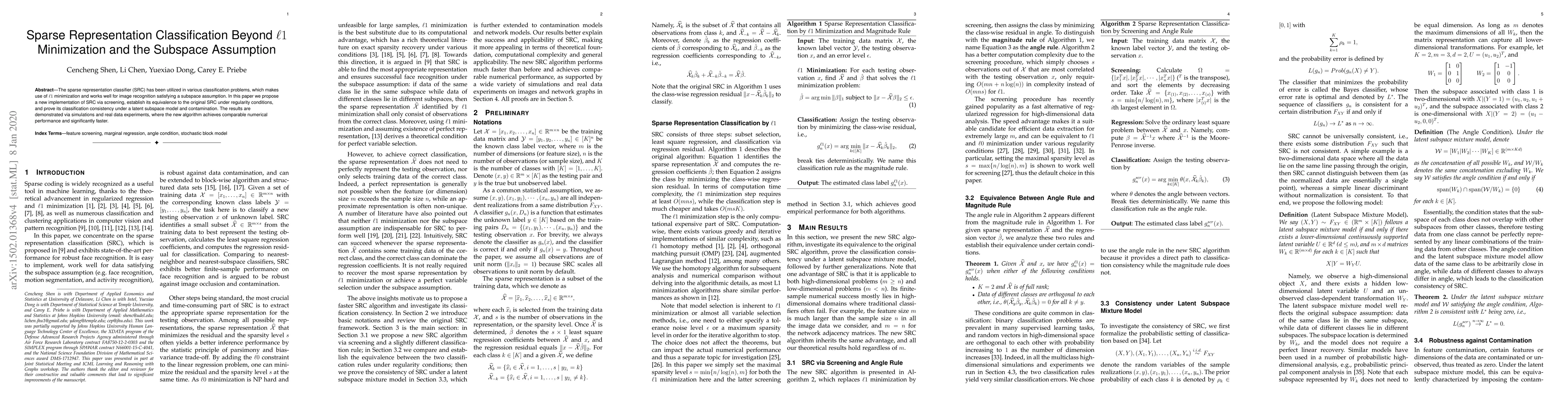 Thumbnail for Sparse Representation Classification Beyond L1 Minimization and the
  Subspace Assumption