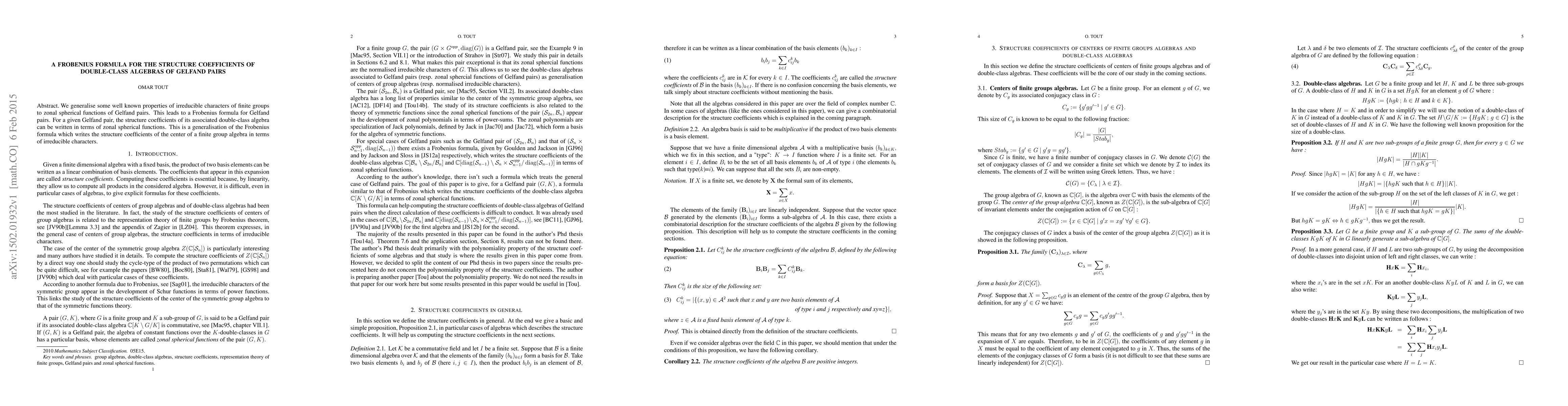 Thumbnail for A Frobenius formula for the structure coefficients of double-class
  algebras of Gelfand pairs