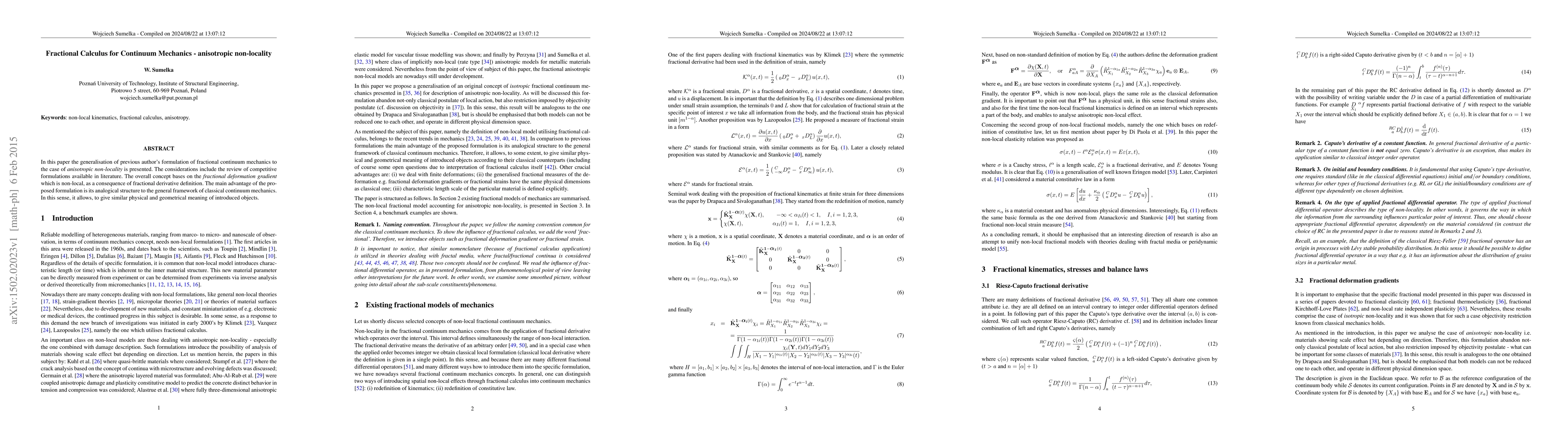 Thumbnail for Fractional Calculus for Continuum Mechanics - anisotropic non-locality