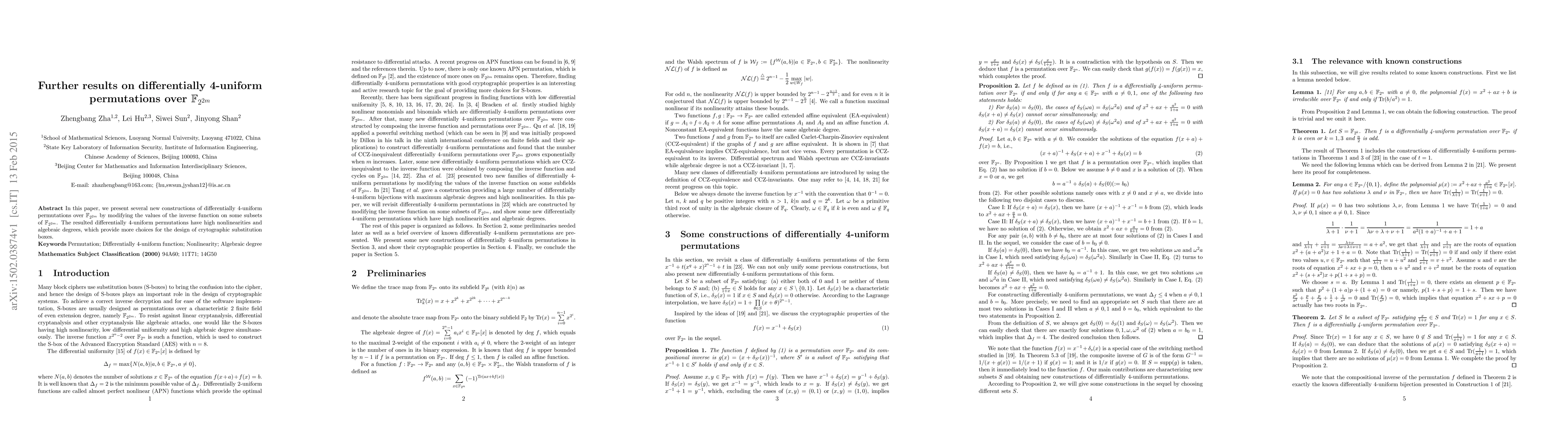 Thumbnail for Further results on differentially 4-uniform permutations over
  $\F_{2^{2m}}$