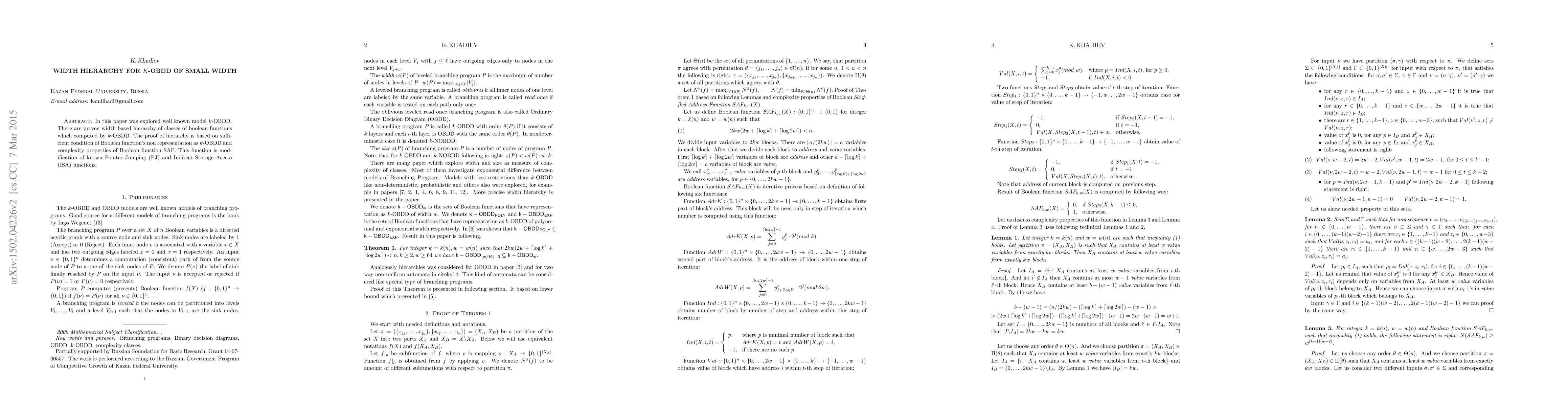 Thumbnail for Width Hierarchy for k-OBDD of Small Width