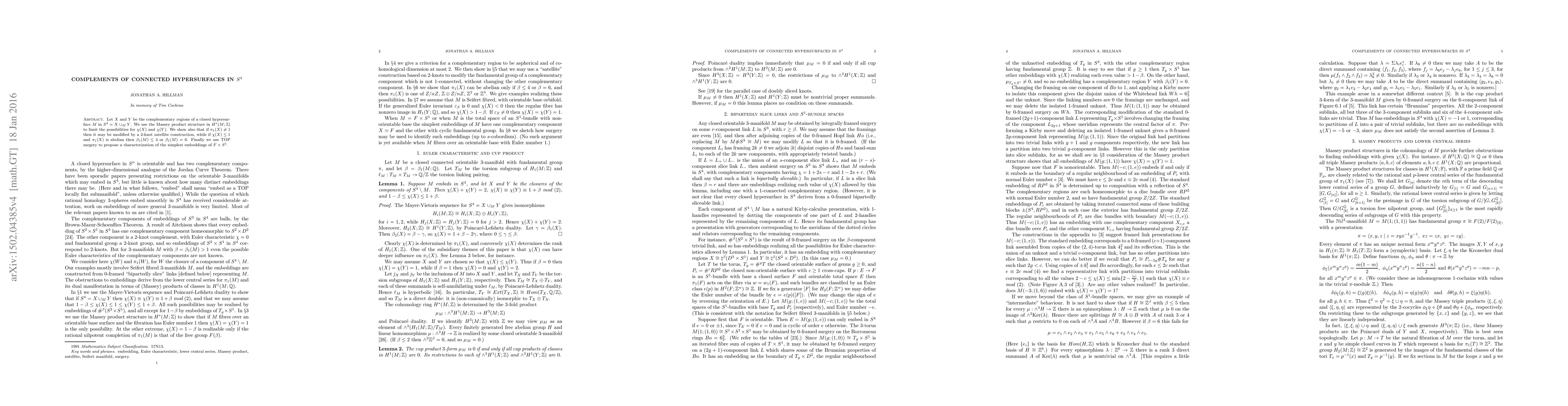 Thumbnail for Complements of connected hypersurfaces in $S^4$