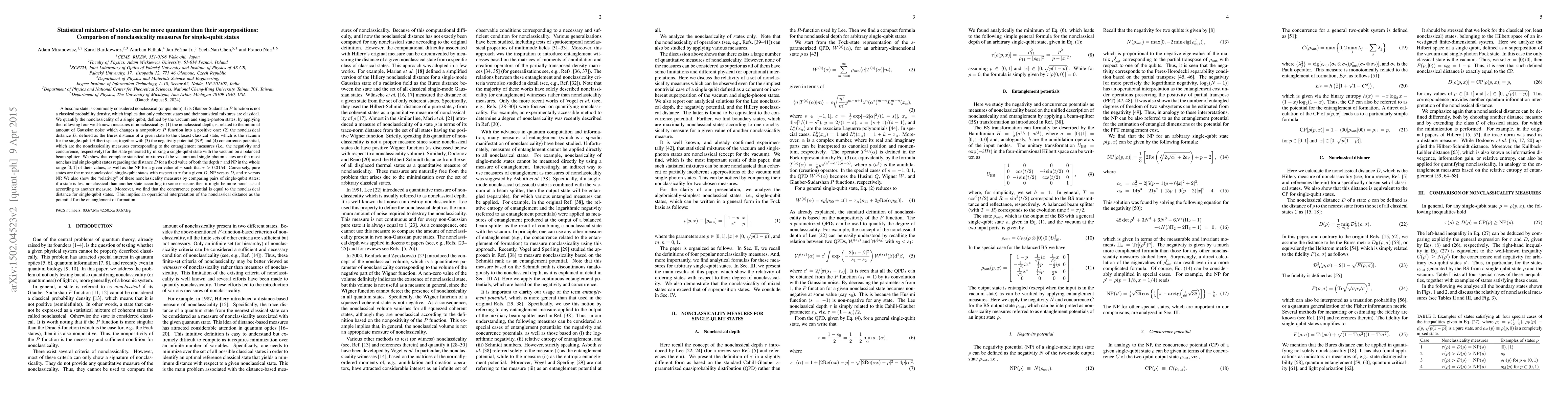 Thumbnail for Statistical mixtures of states can be more quantum than their
  superpositions: Comparison of nonclassicality measures for single-qubit
  states
