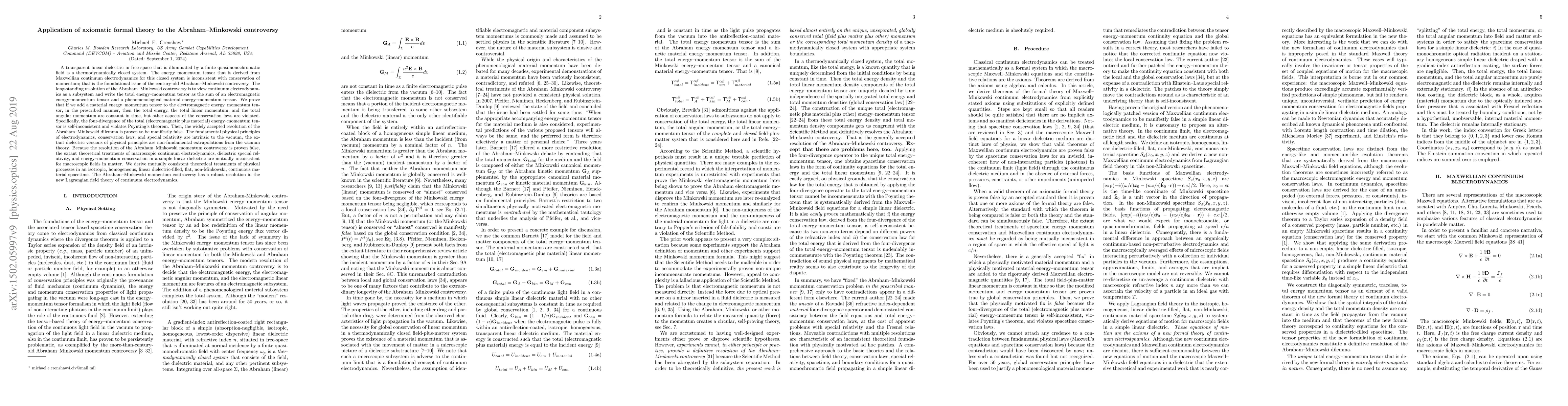 Thumbnail for Application of axiomatic formal theory to the Abraham--Minkowski
  controversy