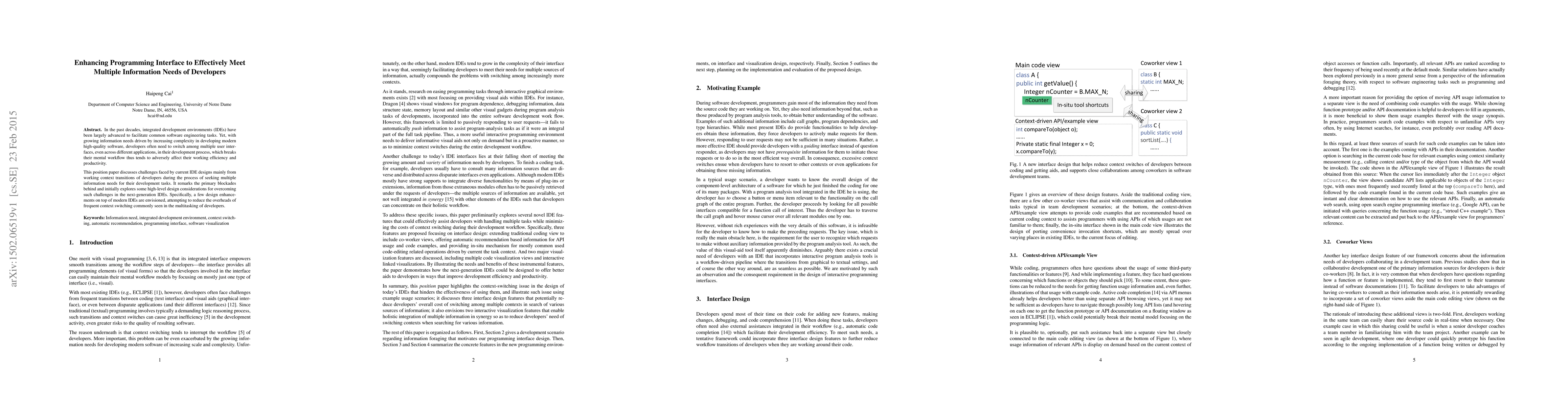 Thumbnail for Enhancing Programming Interface to Effectively Meet Multiple Information
  Needs of Developers