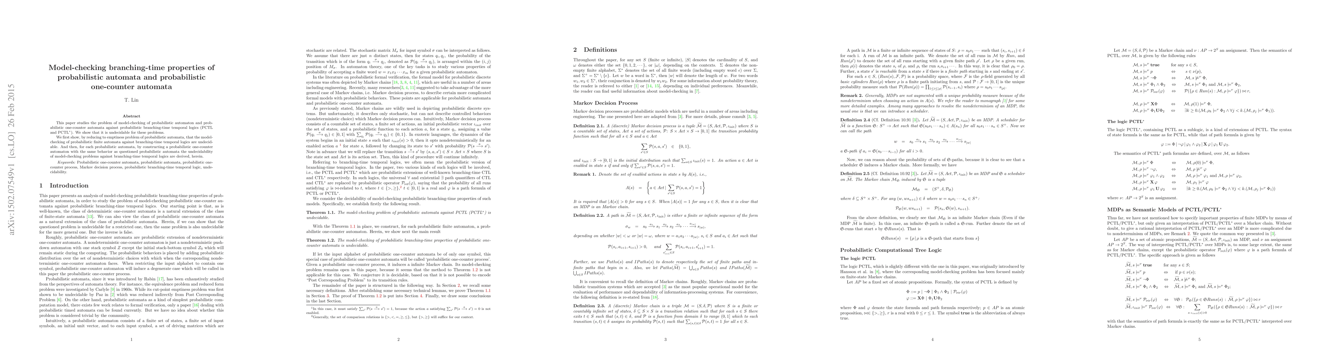 Thumbnail for Model-checking branching-time properties of probabilistic automata and
  probabilistic one-counter automata