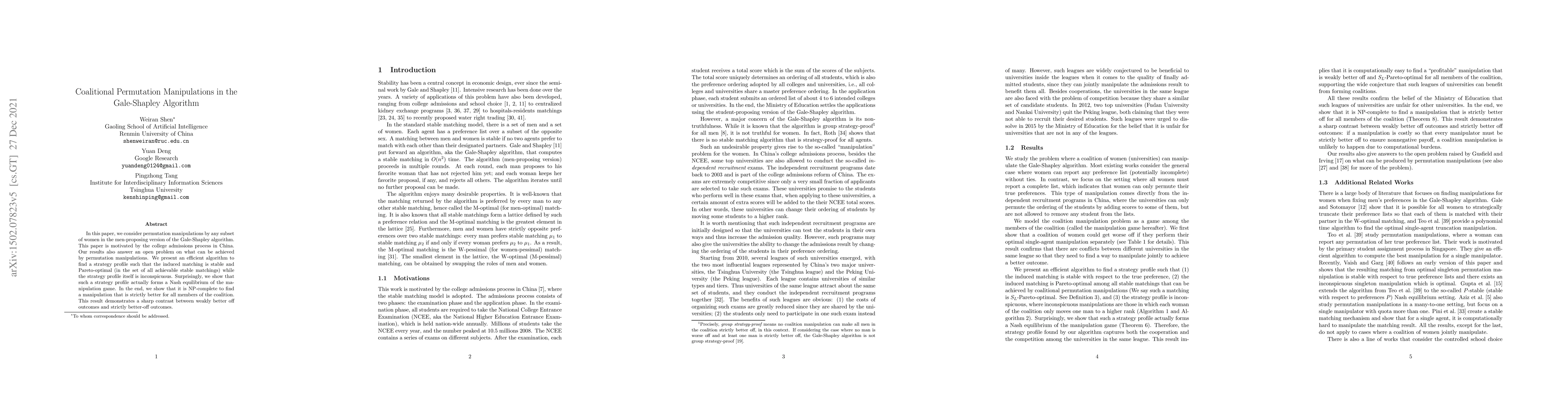 Thumbnail for Coalitional Permutation Manipulations in the Gale-Shapley Algorithm
