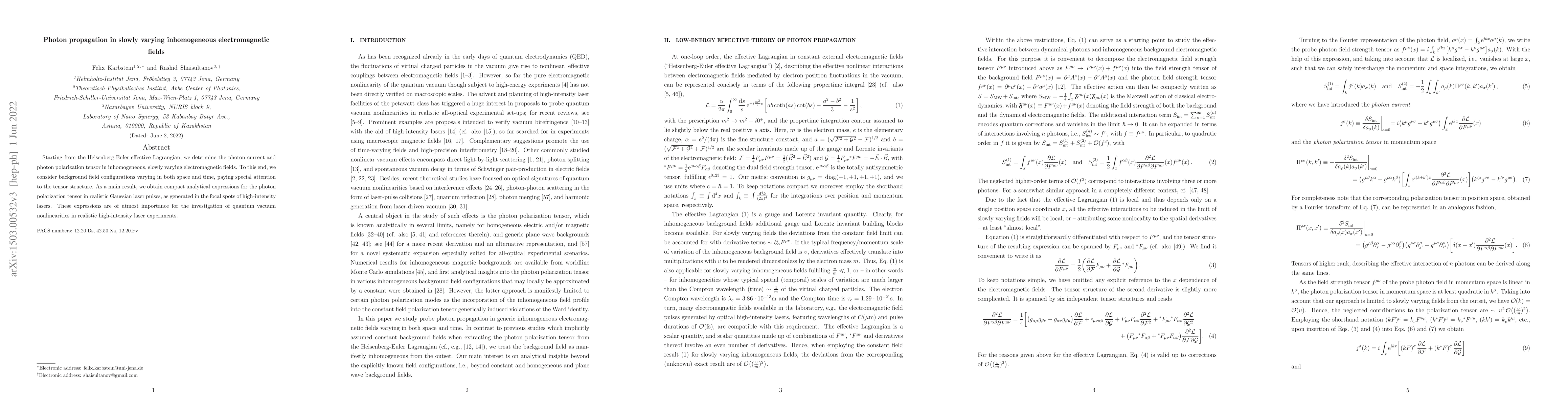 Thumbnail for Photon propagation in slowly varying inhomogeneous electromagnetic
  fields