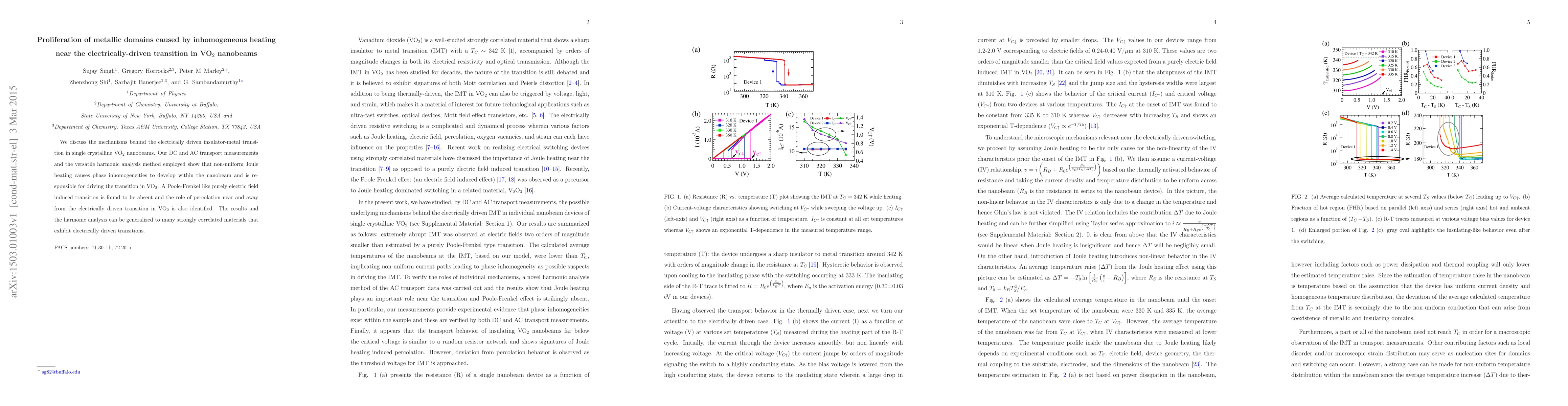 Thumbnail for Proliferation of metallic domains caused by inhomogeneous heating near
  the electrically-driven transition in VO$_2$ nanobeams
