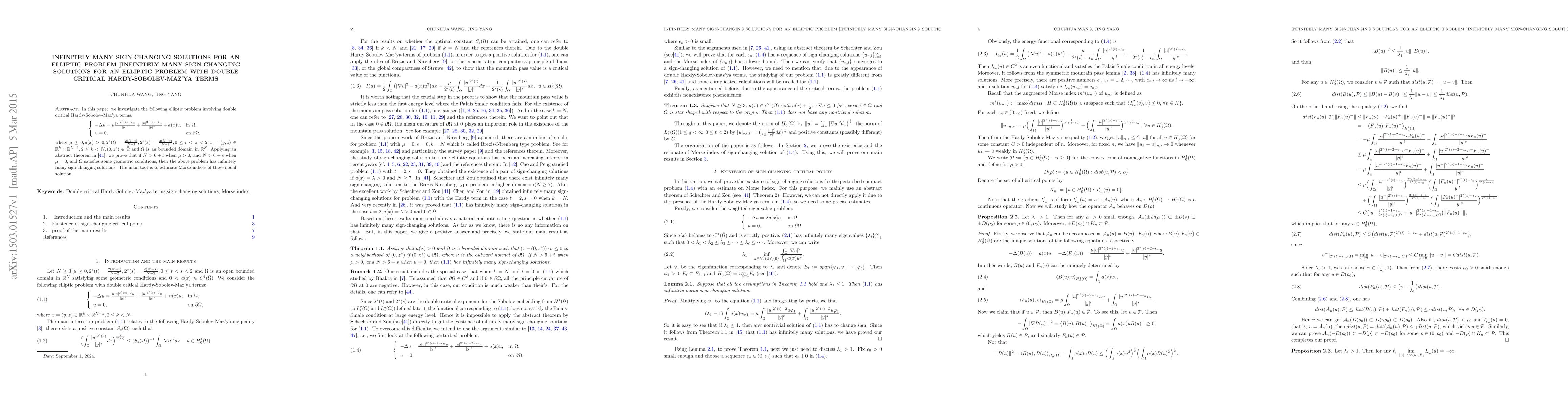 Thumbnail for Infinitely many sign-changing solutions for an elliptic problem with
  double critical Hardy-Sobolev-Maz'ya terms
