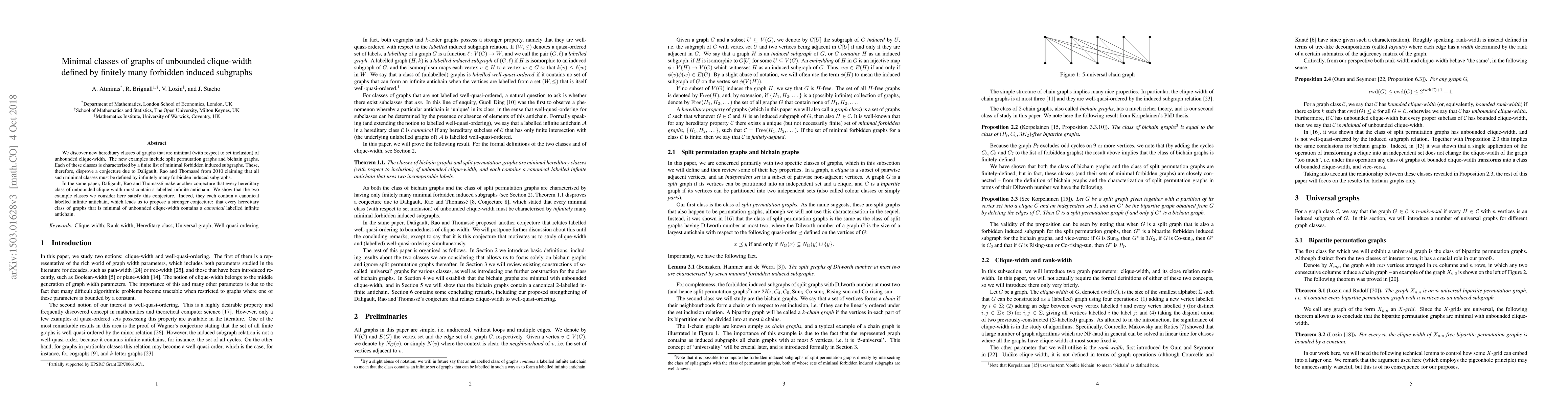 Thumbnail for Minimal classes of graphs of unbounded clique-width defined by finitely
  many forbidden induced subgraphs