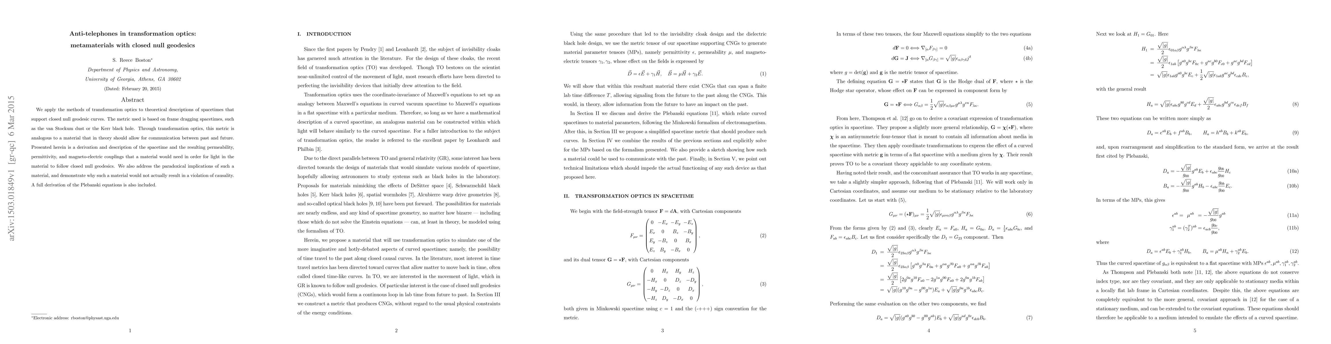 Thumbnail for Anti-telephones in transformation optics: metamaterials with closed null
  geodesics