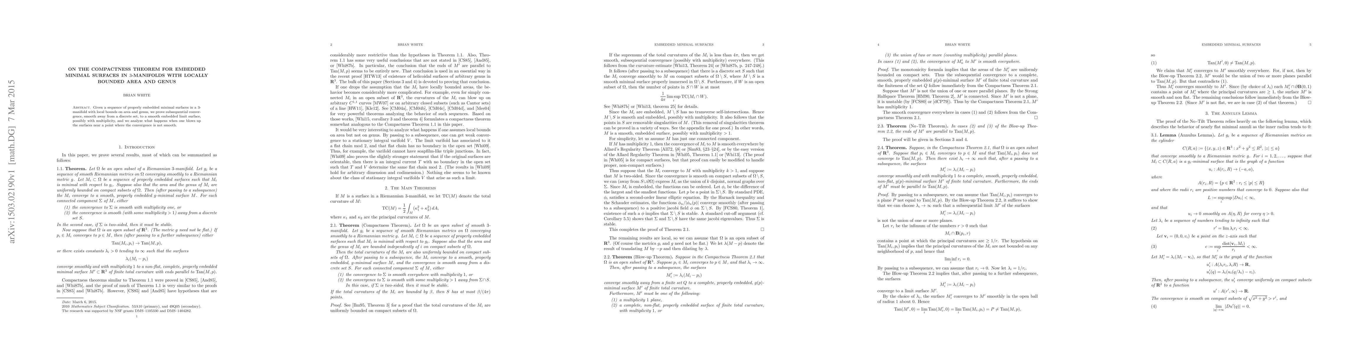 Thumbnail for On the Compactness Theorem for Embedded Minimal Surfaces in 3-manifolds
  with Locally Bounded Area and Genus