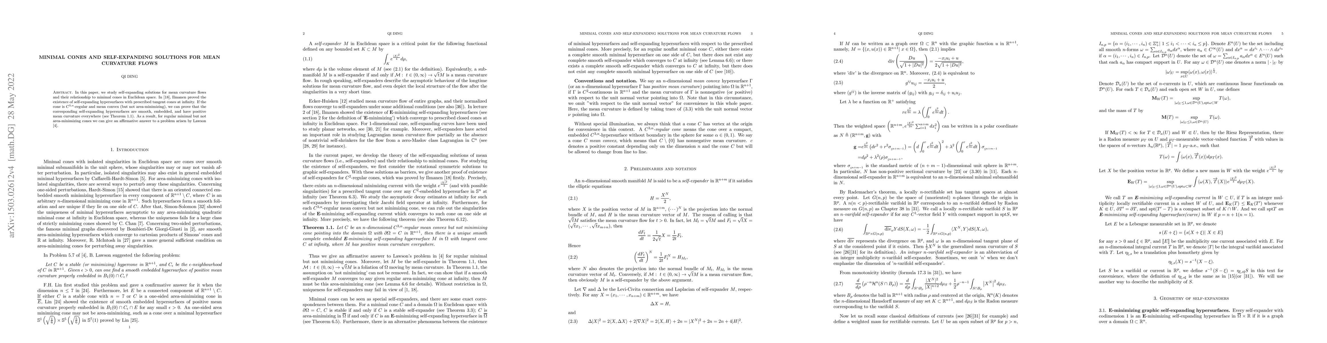 Thumbnail for Minimal cones and self-expanding solutions for mean curvature flows