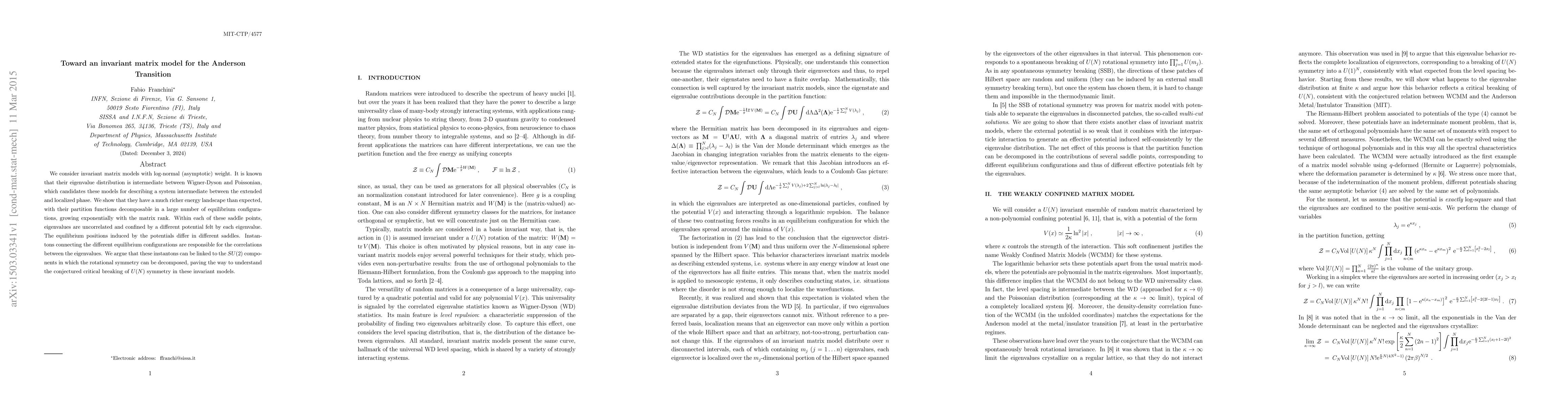 Thumbnail for Toward an invariant matrix model for the Anderson Transition