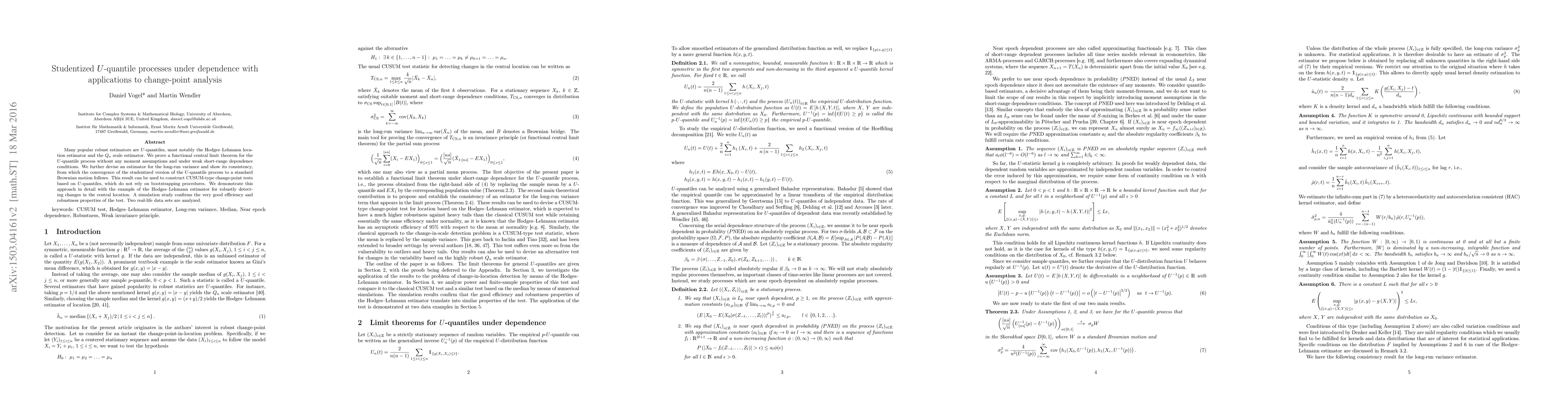 Thumbnail for Studentized U-quantile processes under dependence with applications to
  change-point analysis