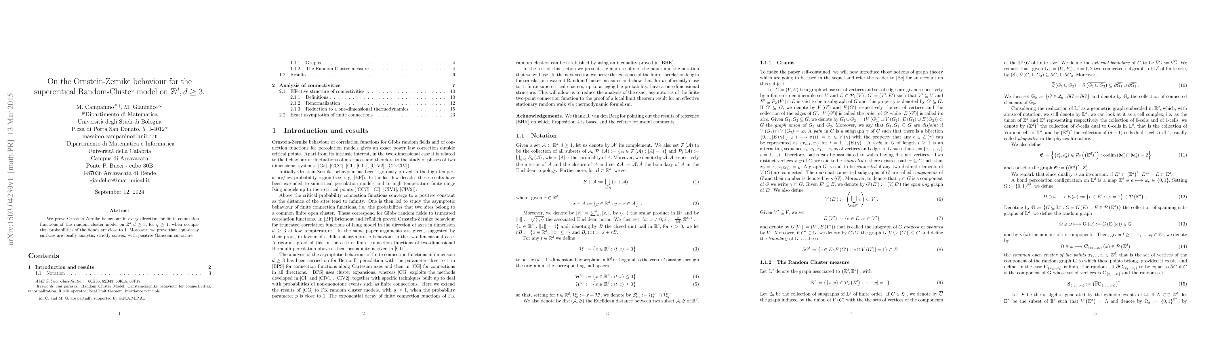 Thumbnail for On the Ornstein-Zernike behaviour for the supercritical Random-Cluster
  model on $\mathbb{Z}^{d},d\geq3.$