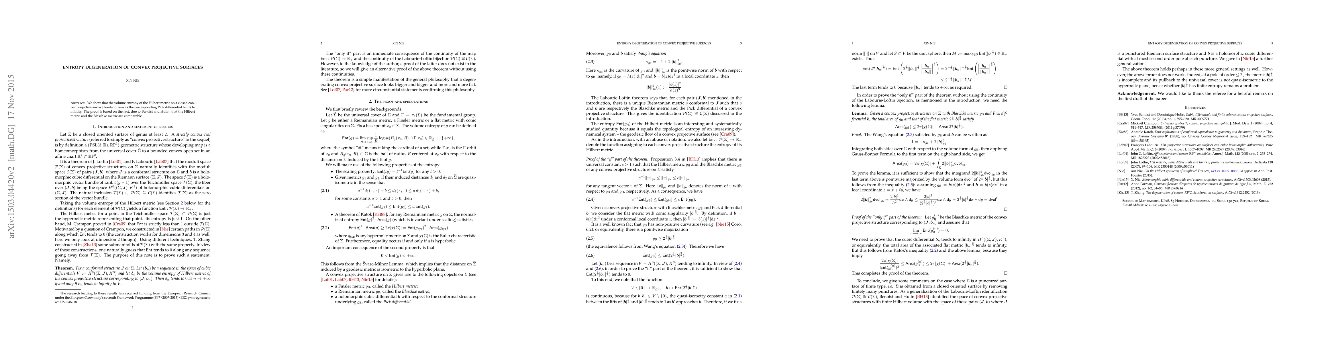 Thumbnail for Entropy degeneration of convex projective surfaces