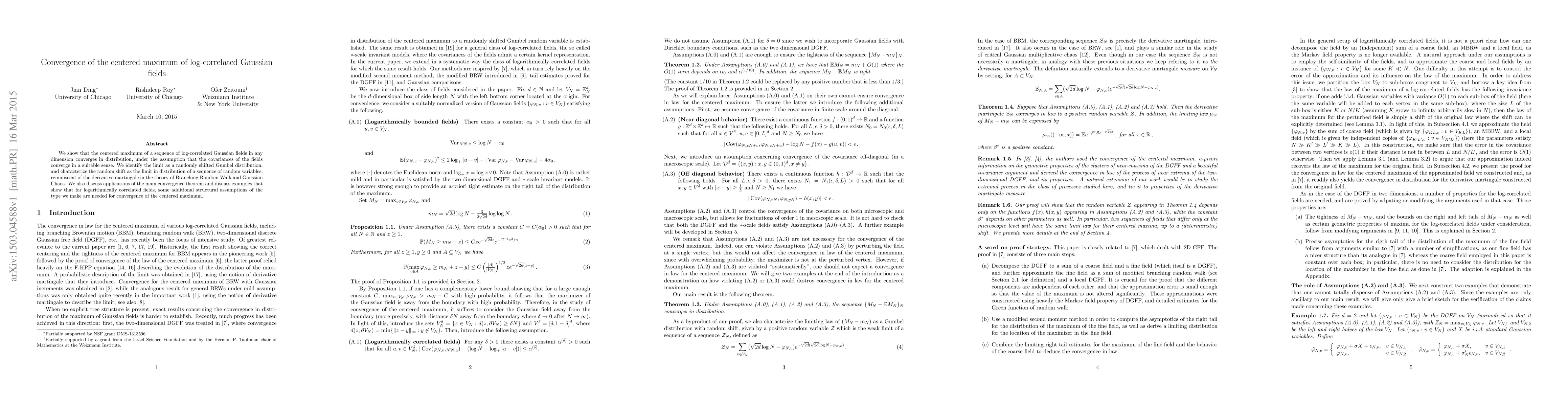 Thumbnail for Convergence of the centered maximum of log-correlated Gaussian fields