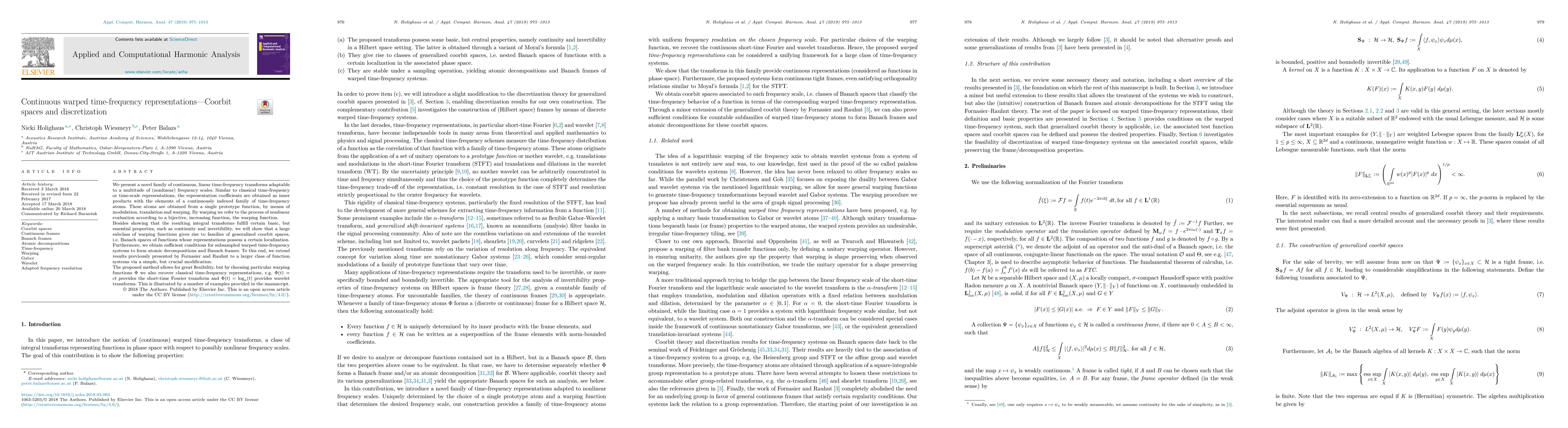 Thumbnail for Continuous warped time-frequency representations - Coorbit spaces and
  discretization