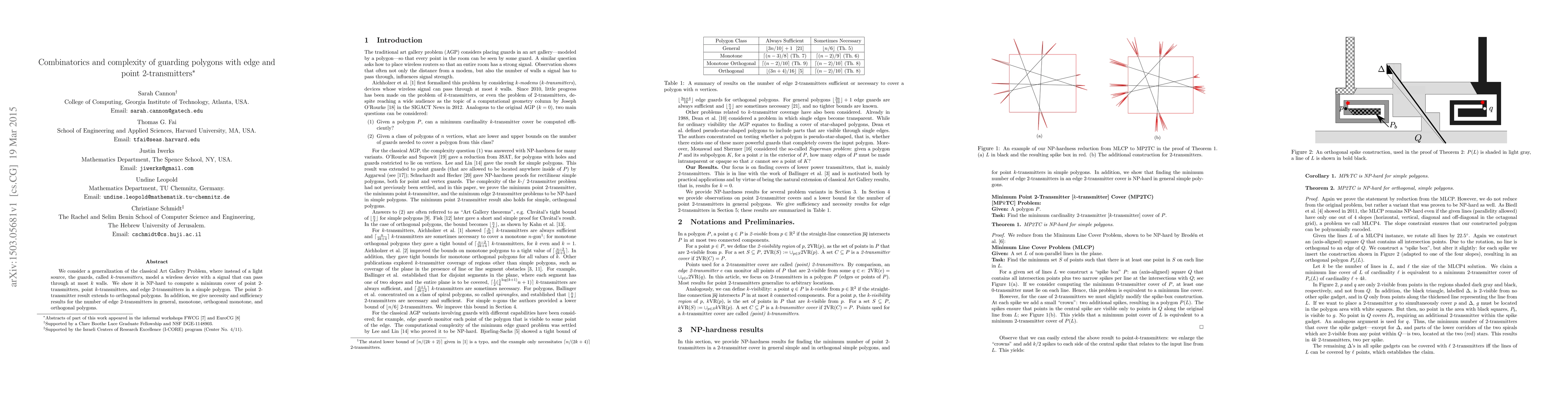 Thumbnail for Combinatorics and complexity of guarding polygons with edge and point
  2-transmitters