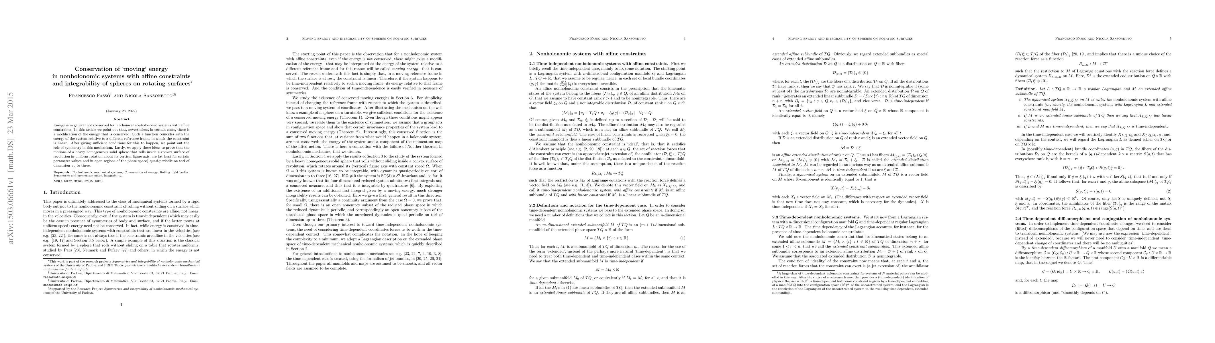 Thumbnail for Conservation of `moving' energy in nonholonomic systems with affine
  constraints and integrability of spheres on rotating surfaces