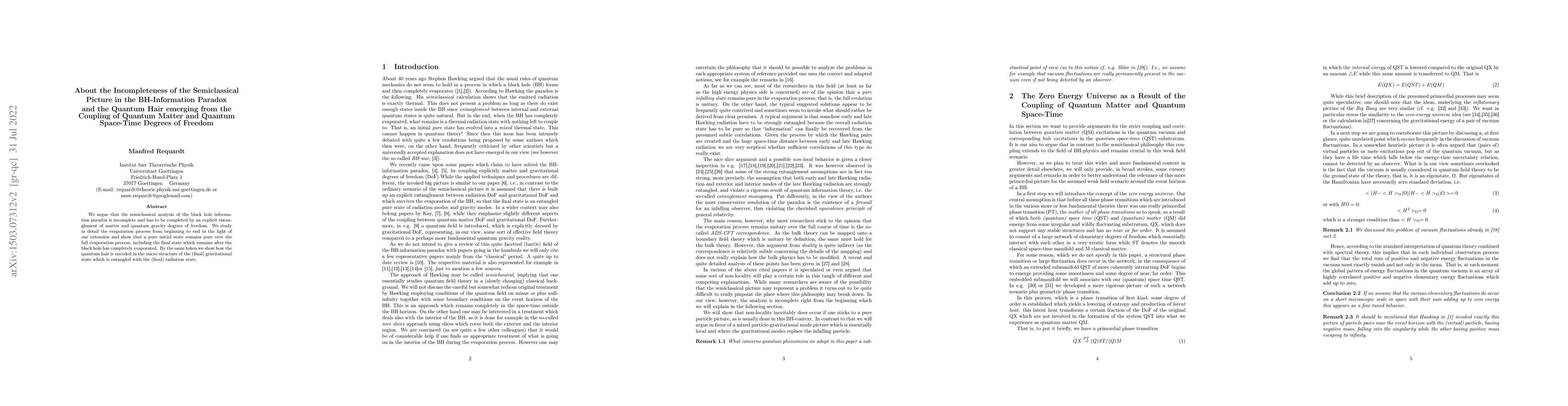 Thumbnail for About the Incompleteness of the Semiclassical Picture in the
  BH-Information Paradox and the Quantum Hair emerging from the Coupling of
  Quantum Matter and Quantum Space-Time Degrees of Freedom