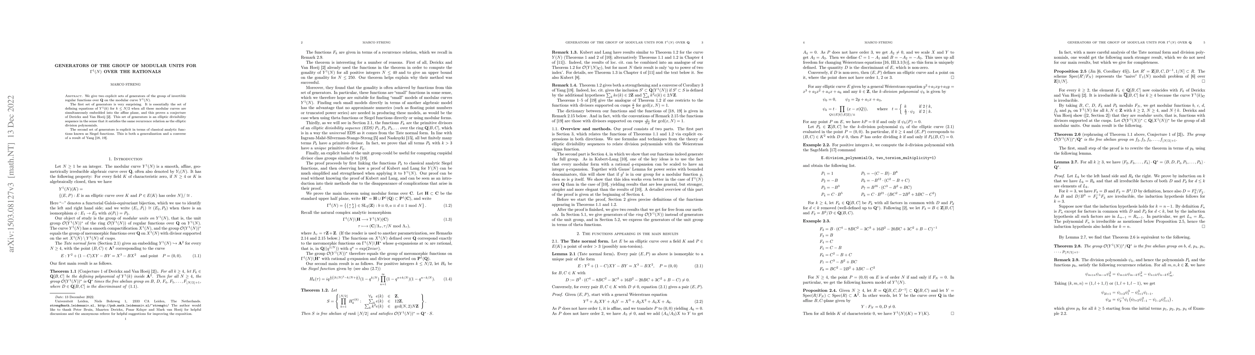 Thumbnail for Generators of the group of modular units for Gamma1(N) over the
  rationals