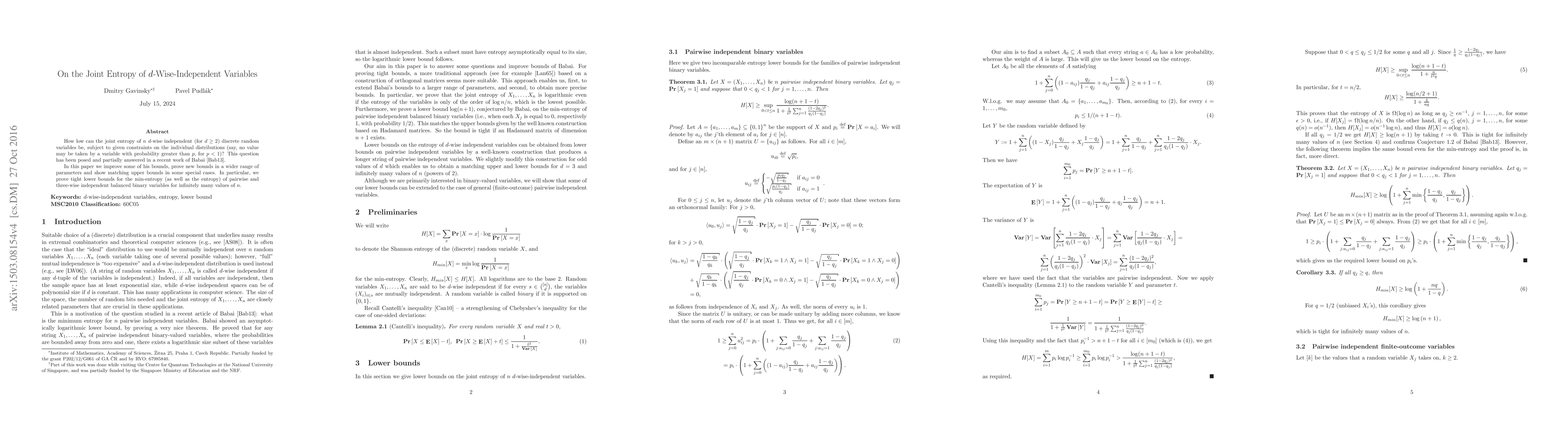 Thumbnail for On the Joint Entropy of $d$-Wise-Independent Variables