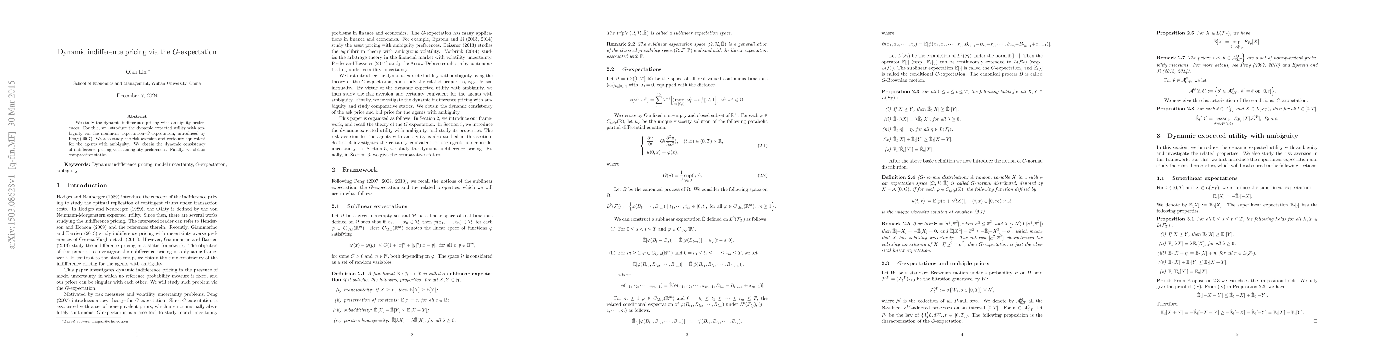 Thumbnail for Dynamic indifference pricing via the G-expectation