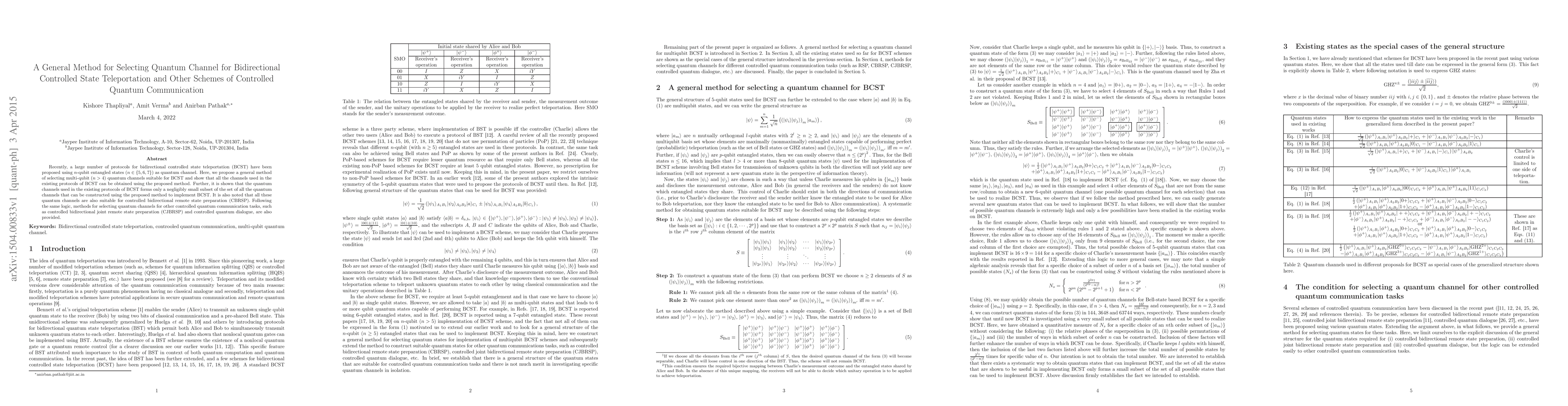 Thumbnail for A General Method for Selecting Quantum Channel for Bidirectional
  Controlled State Teleportation and Other Schemes of Controlled Quantum
  Communication