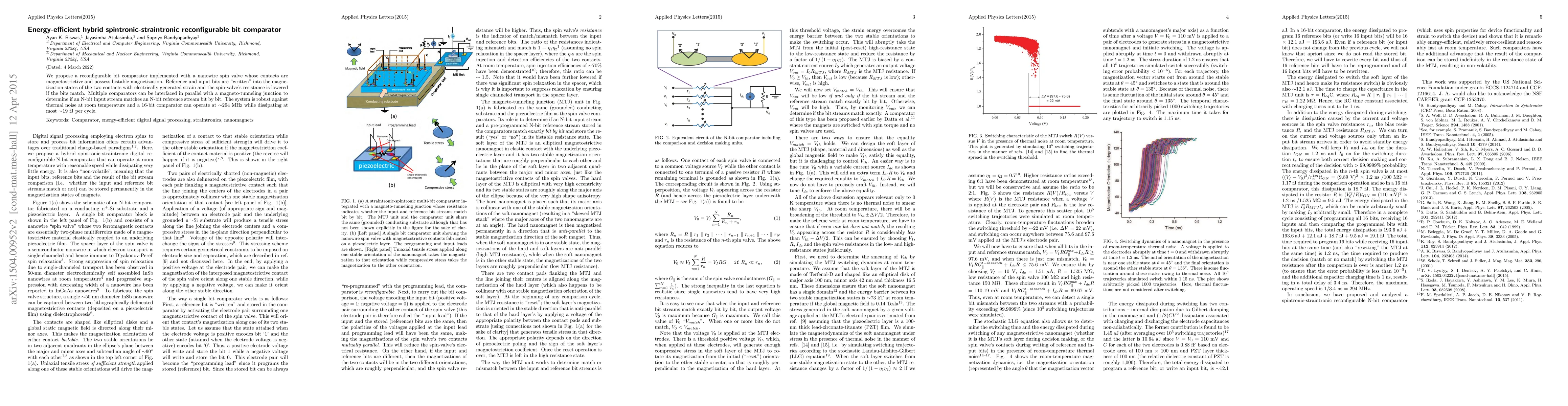 Thumbnail for Energy-efficient hybrid spintronic-straintronic reconfigurable bit
  comparator