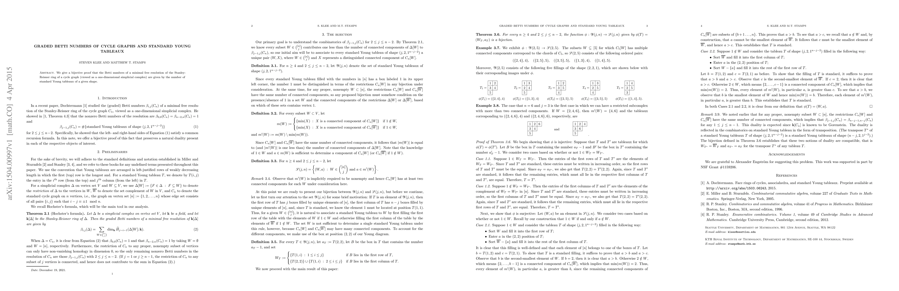 Thumbnail for Graded Betti numbers of cycle graphs and standard Young tableaux