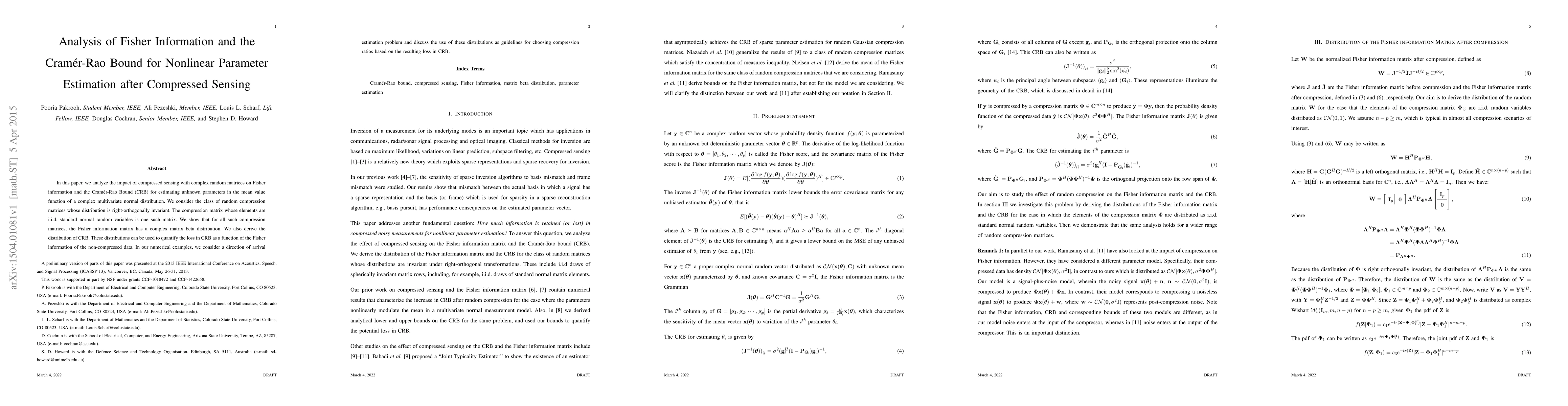 Thumbnail for Analysis of Fisher Information and the Cram\'{e}r-Rao Bound for
  Nonlinear Parameter Estimation after Compressed Sensing