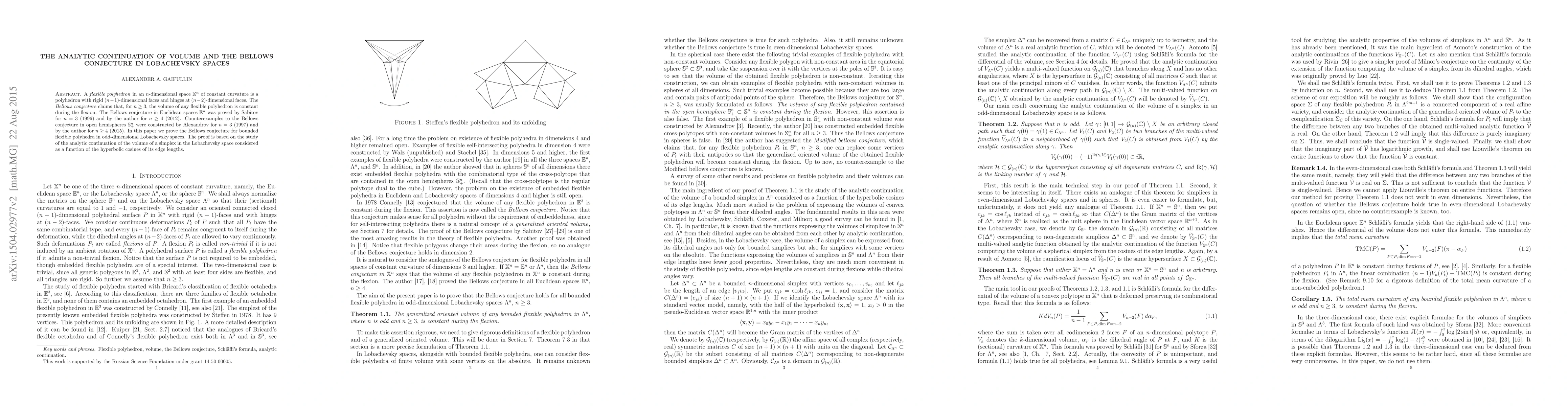 Thumbnail for The analytic continuation of volume and the Bellows conjecture in
  Lobachevsky spaces