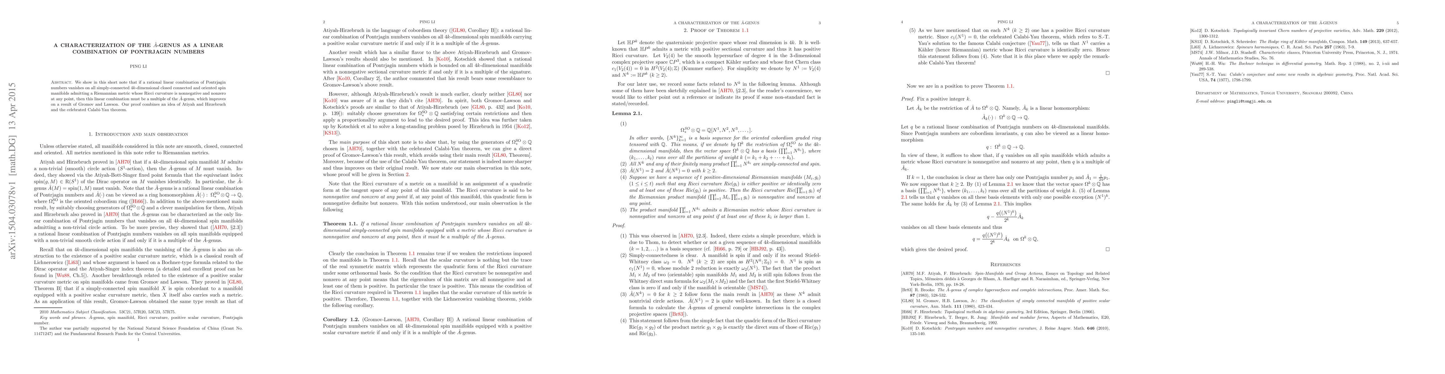 Thumbnail for A characterization of the $\hat{A}$-genus as a linear combination of
  Pontrjagin numbers