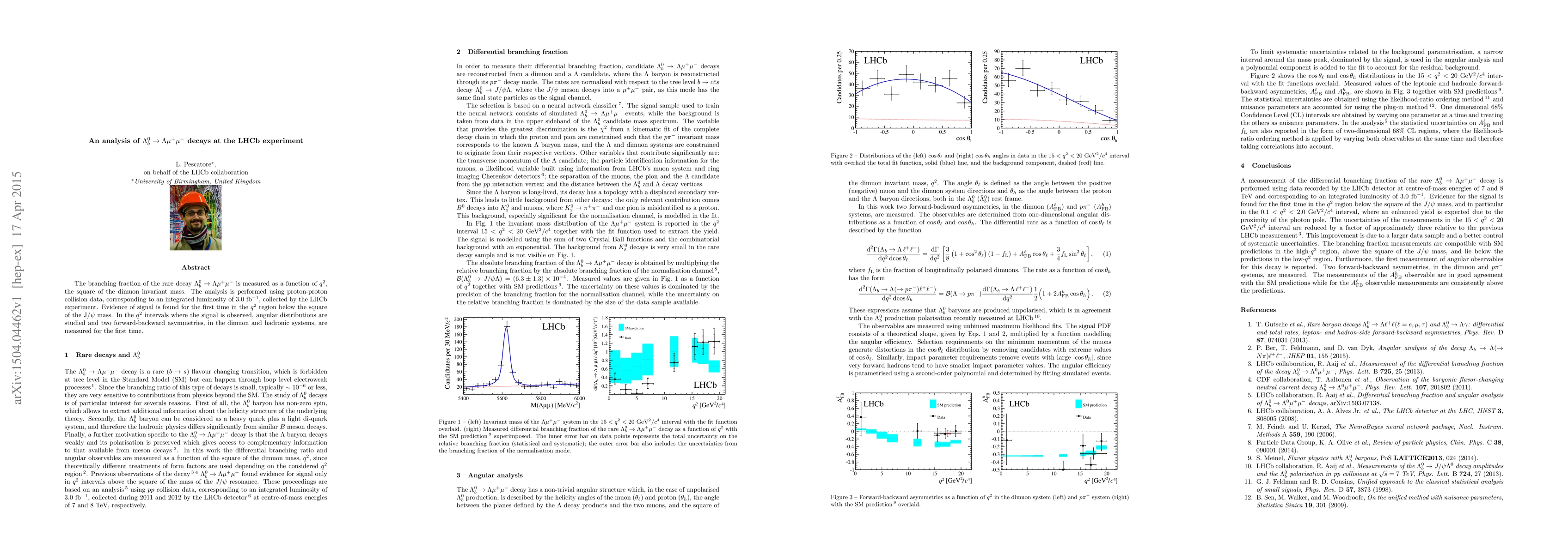 Thumbnail for An analysis of $\Lambda_b^0 \rightarrow \Lambda\mu^+\mu^-$ decays at the
  LHCb experiment