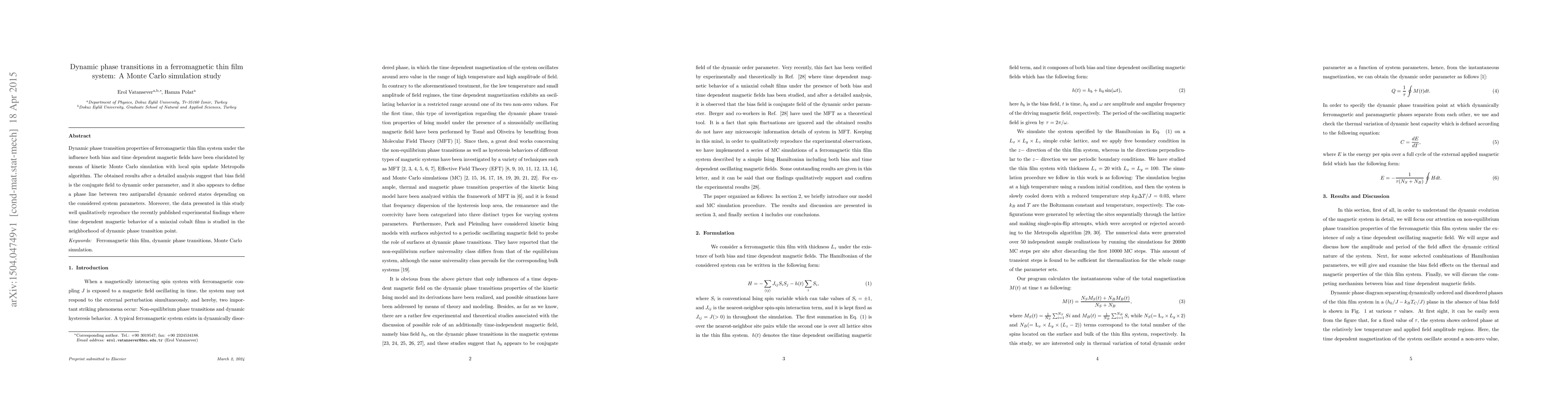 Thumbnail for Dynamic phase transitions in a ferromagnetic thin film system: A Monte
  Carlo simulation study