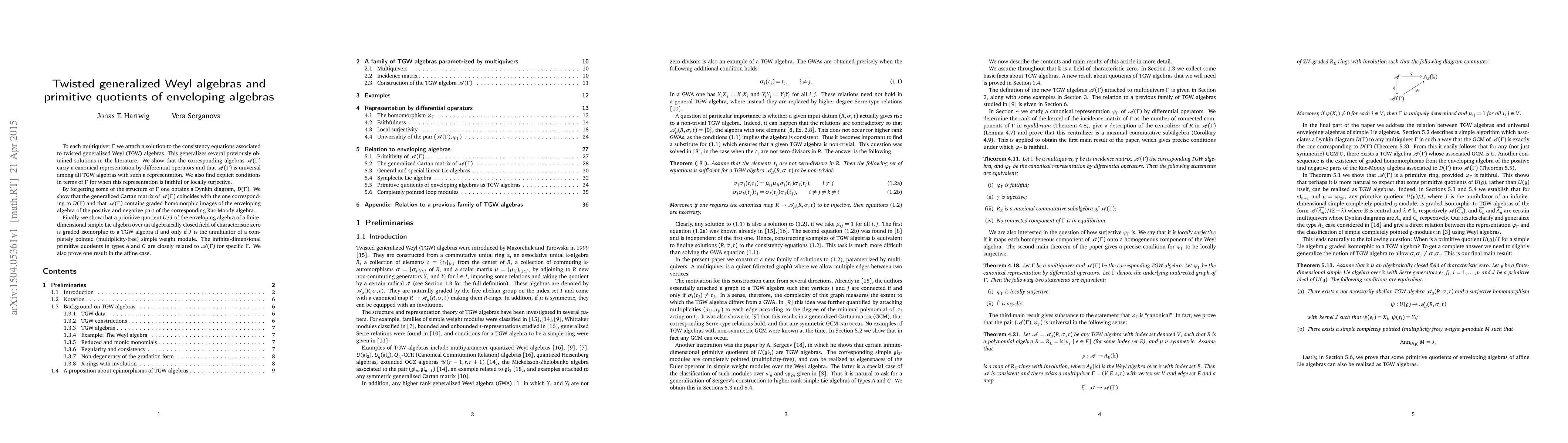Thumbnail for Twisted generalized Weyl algebras and primitive quotients of enveloping
  algebras