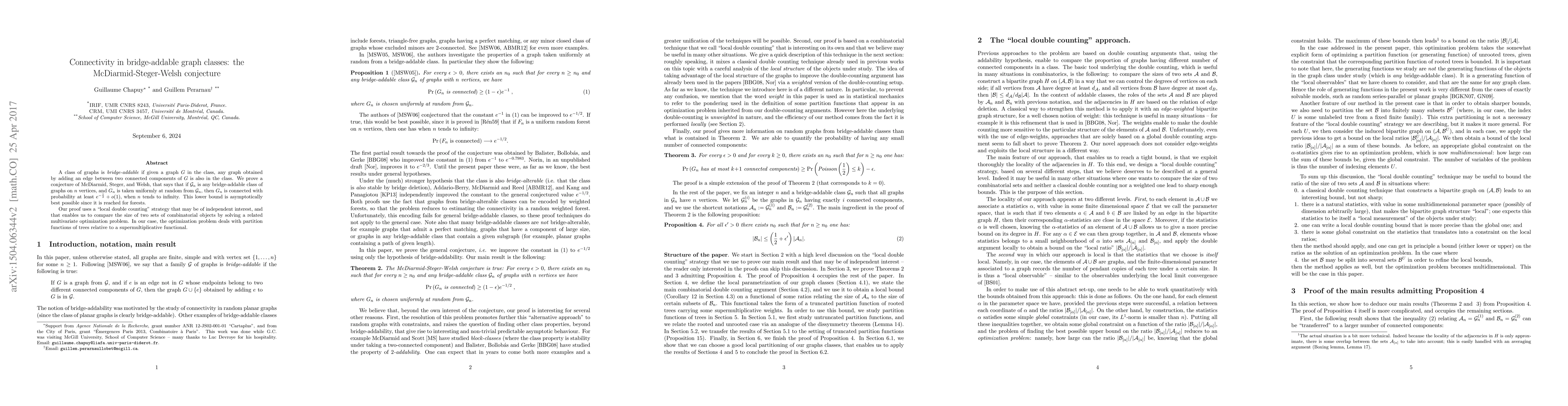 Thumbnail for Connectivity in bridge-addable graph classes: the McDiarmid-Steger-Welsh
  conjecture
