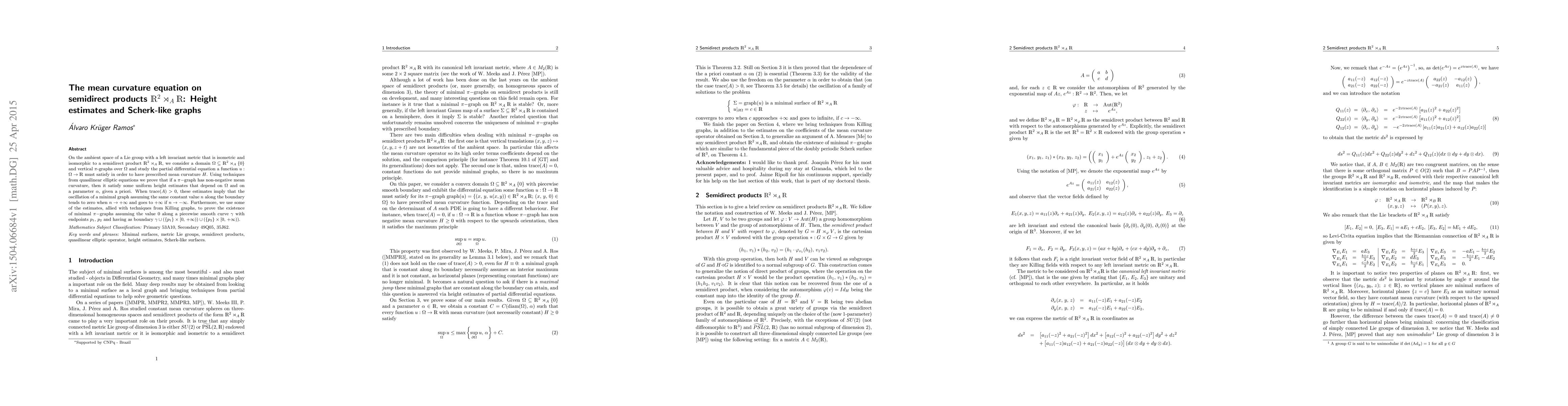 Thumbnail for The mean curvature equation on semidirect products
  $\mathbb{R}^2\rtimes_A\mathbb{R}$: Height estimates and Scherk-like graphs