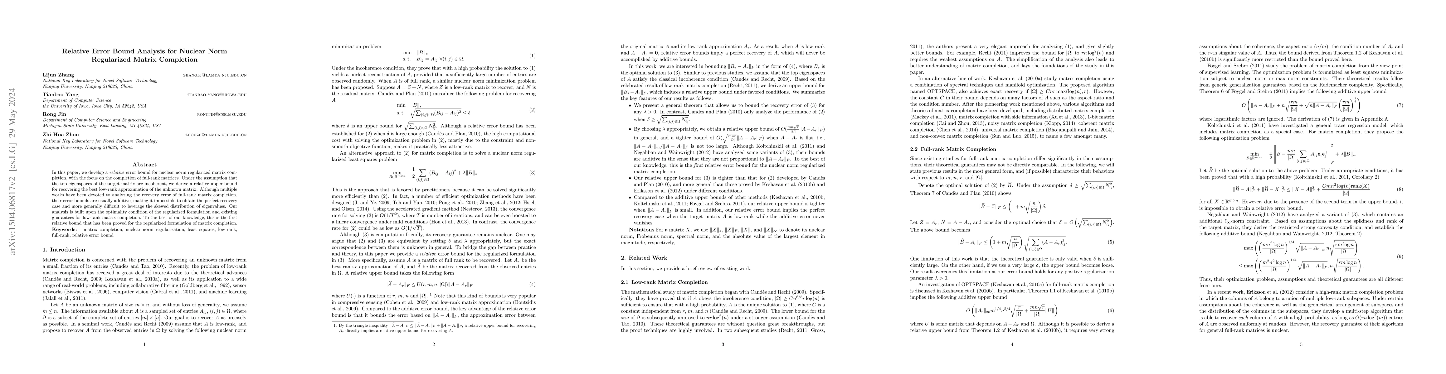 Thumbnail for Relative Error Bound Analysis for Nuclear Norm Regularized Matrix
  Completion