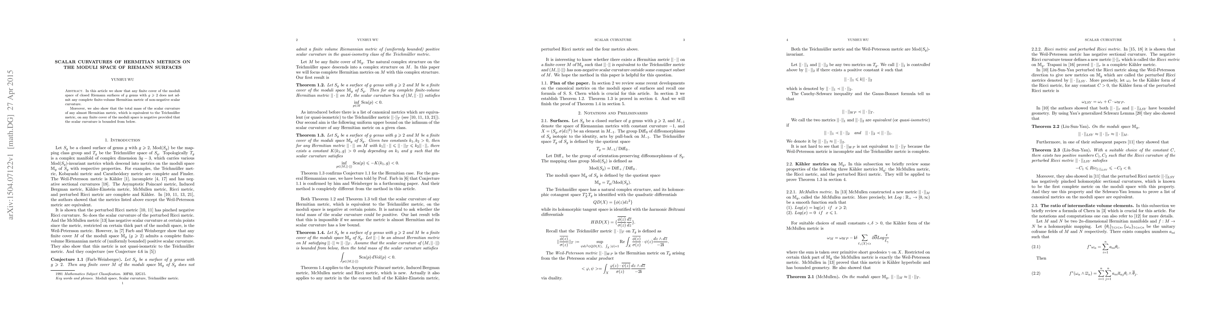 Thumbnail for Scalar curvatures of Hermitian metrics on the moduli space of Riemann
  surfaces
