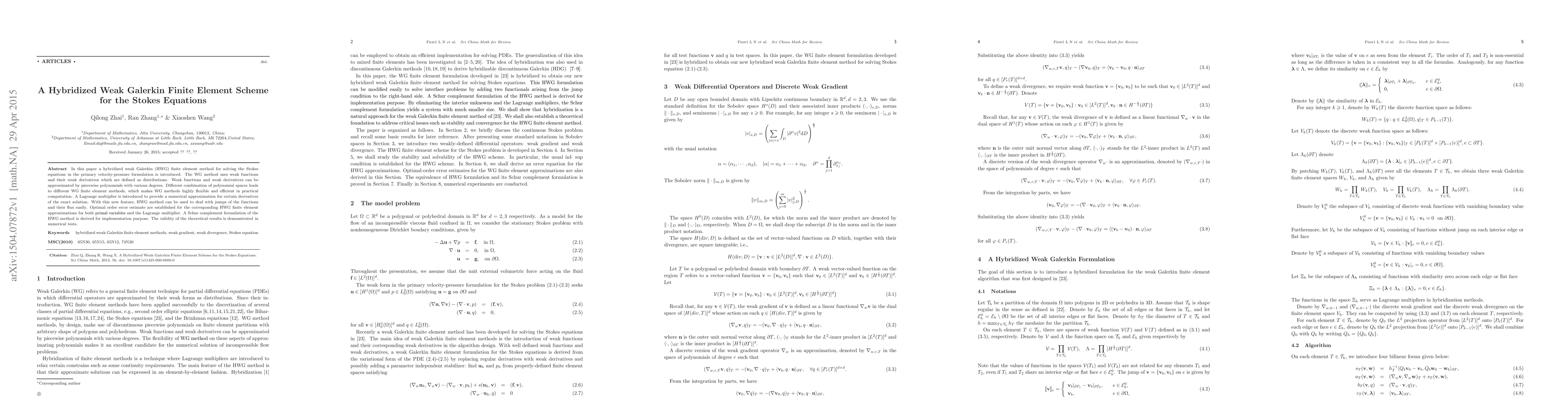 Thumbnail for A Hybridized Weak Galerkin Finite Element Scheme for the Stokes
  Equations