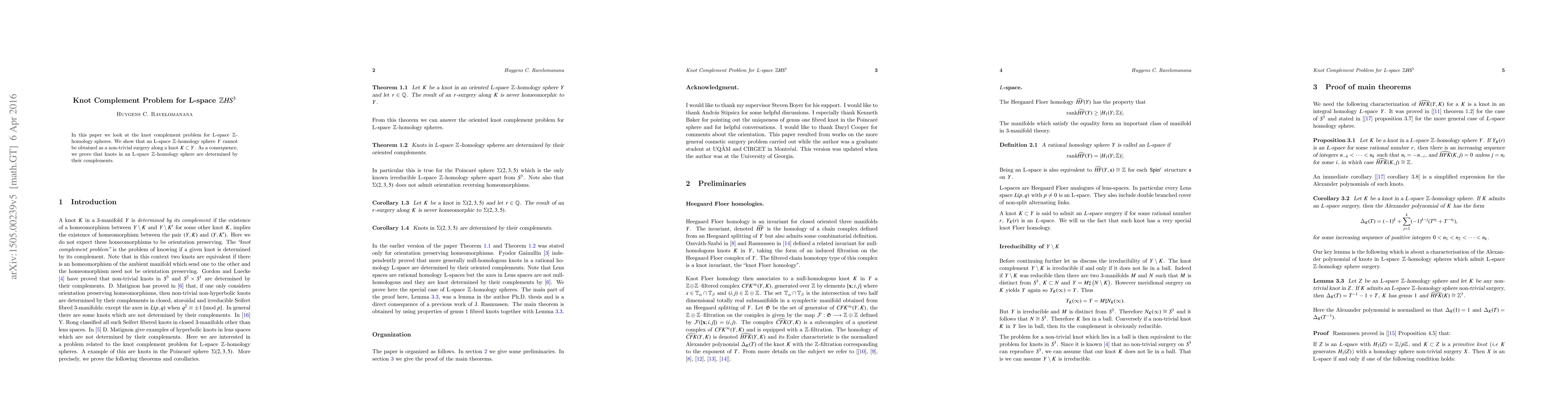 Thumbnail for Knot Complement Problem for L-space $\mathbb{Z} HS^3$