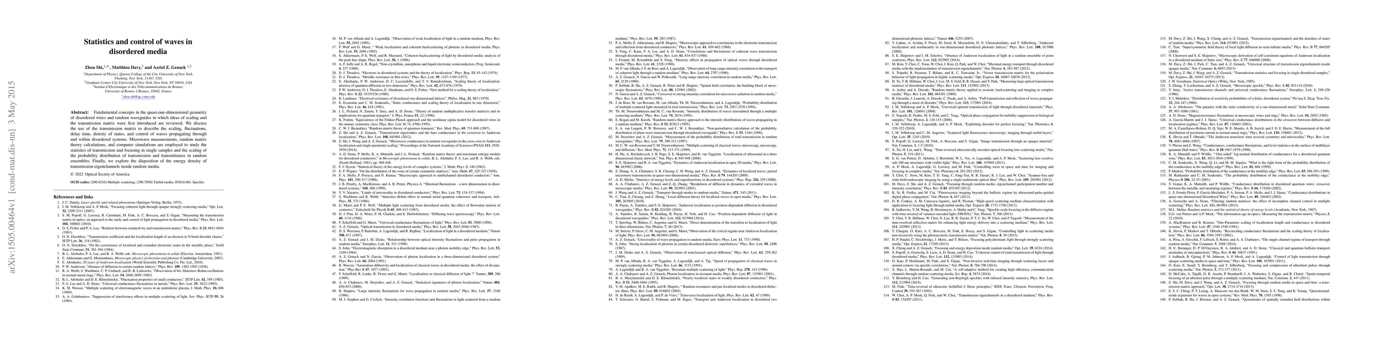 Thumbnail for Statistics and control of waves in disordered media
