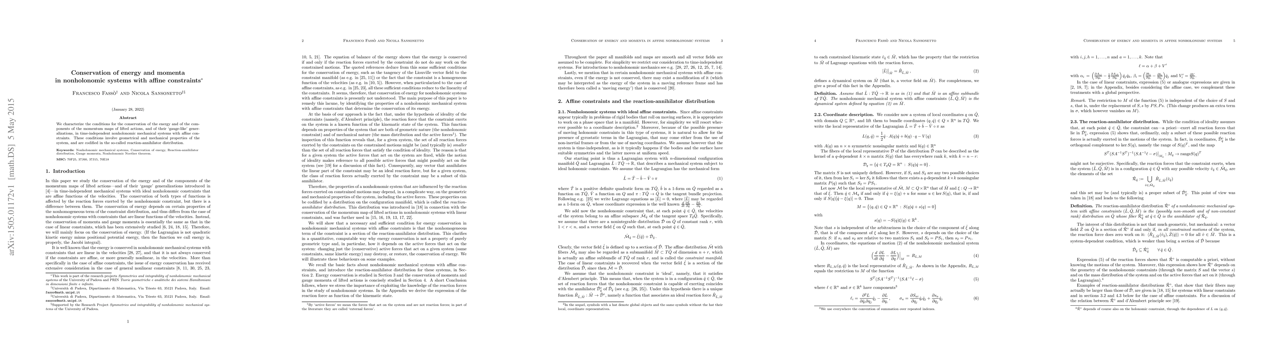 Thumbnail for Conservation of energy and momenta in nonholonomic systems with affine
  constraints